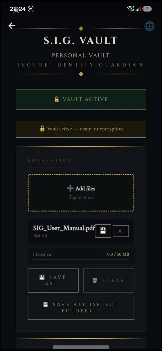 S.I.G. Personal Vault: Tresor aktiv — Dateien verschlüsseln